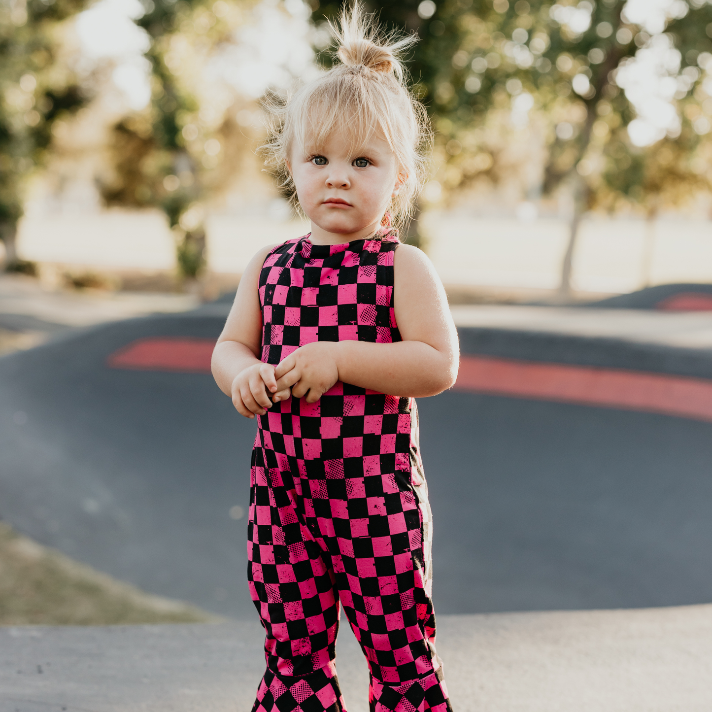 Pit Stop Pink Checkered Bell Bottom Jumpsuit