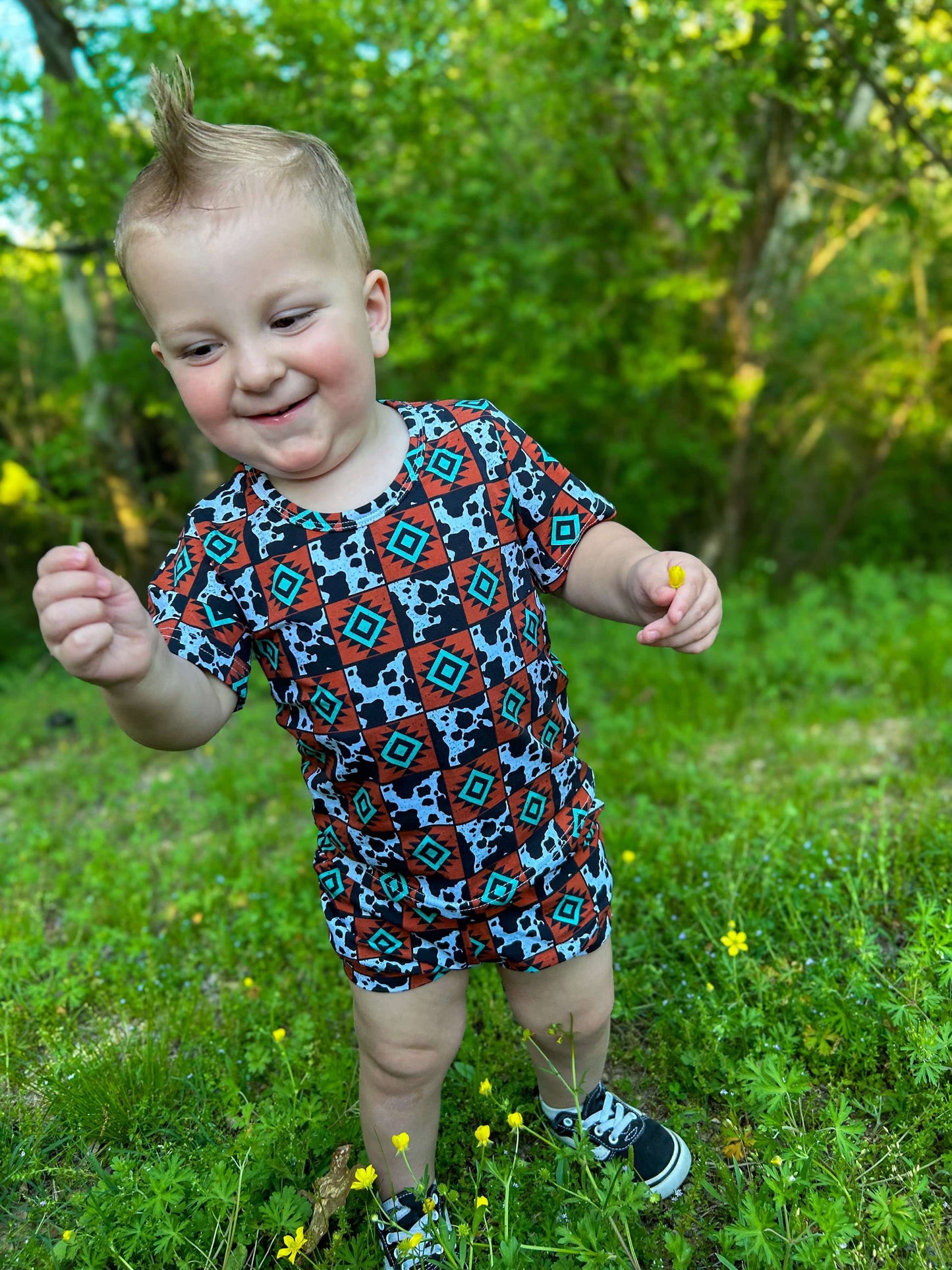 Cow & Aztec Checkered Short Set