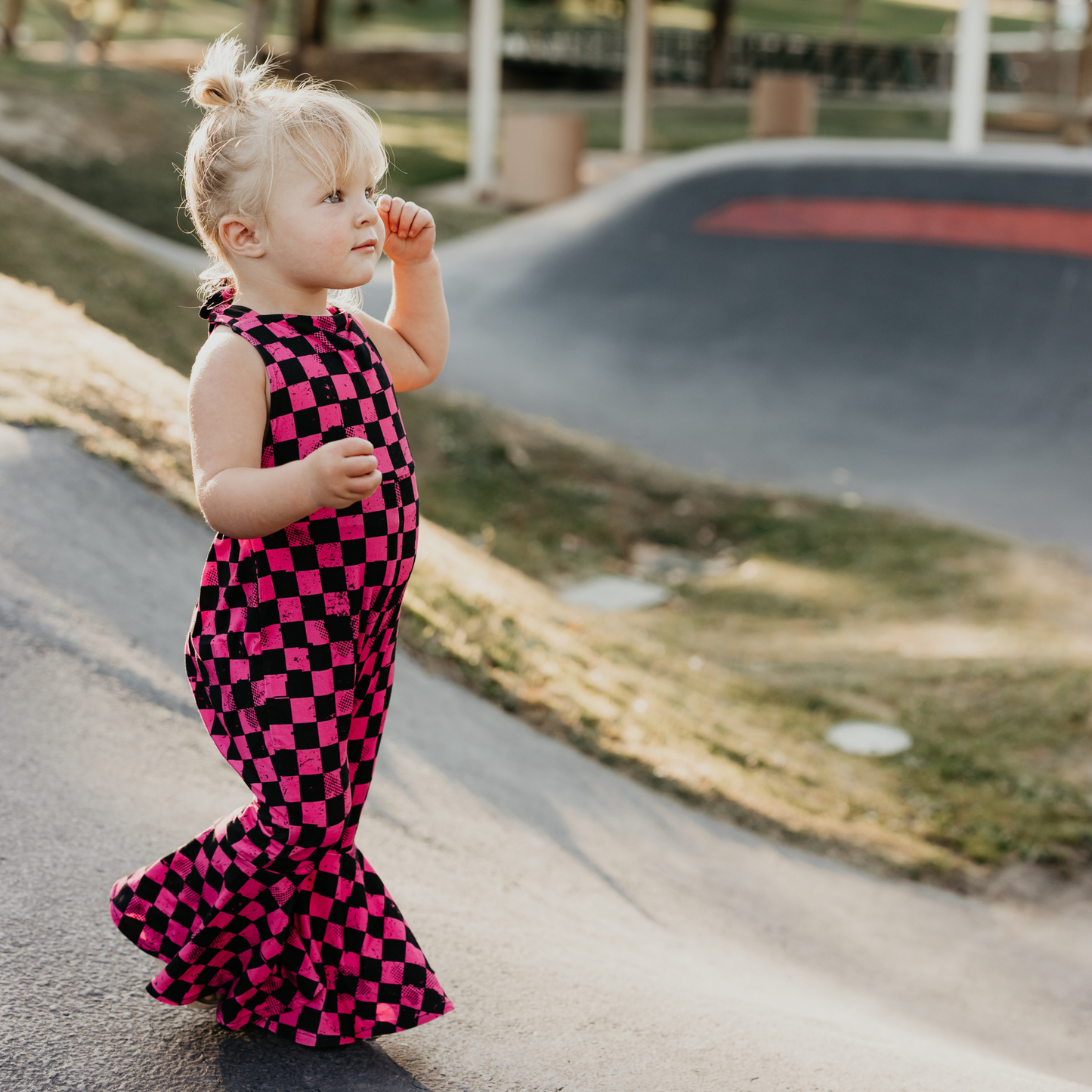 Pit Stop Pink Checkered Bell Bottom Jumpsuit