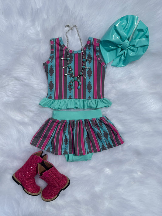 Pink & Teal Aztec Skirted Ruffle Set