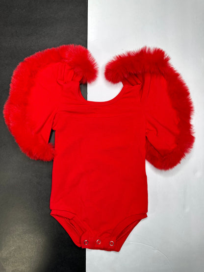 Red leo with boa sleeves romper/top