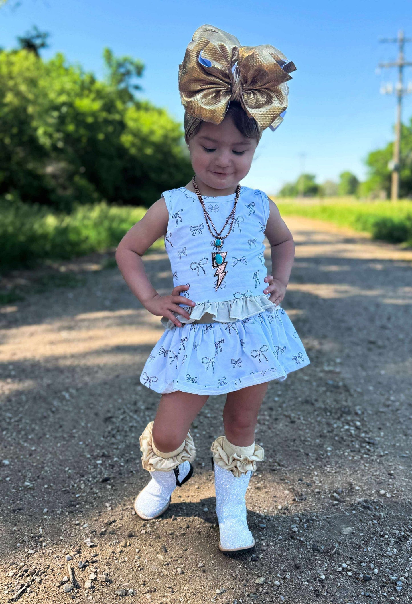 Sad Biege Bow Skirted Romper set