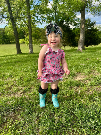 Cow print cherry ruffle romper