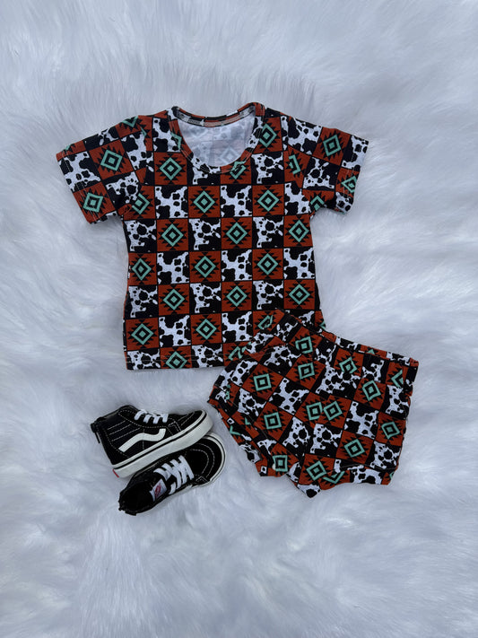 Cow & Aztec Checkered Short Set