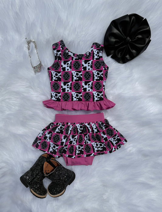 Pink Aztec & Cow Checkered Skirted Ruffle Set