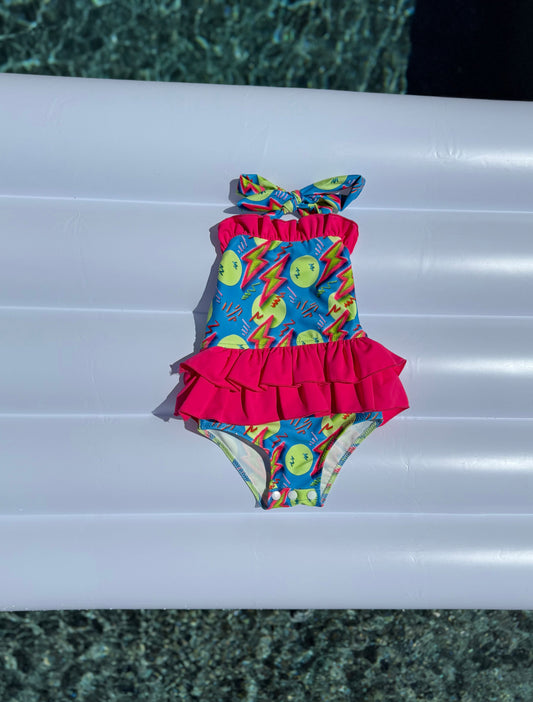 Neon Bolts Ruffled Swim Suit