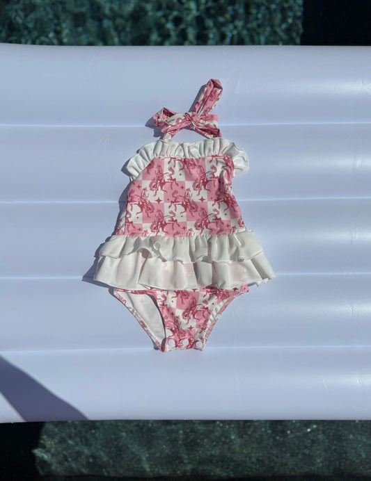 Pink Buckin’ Broncs Ruffled Swim Suit