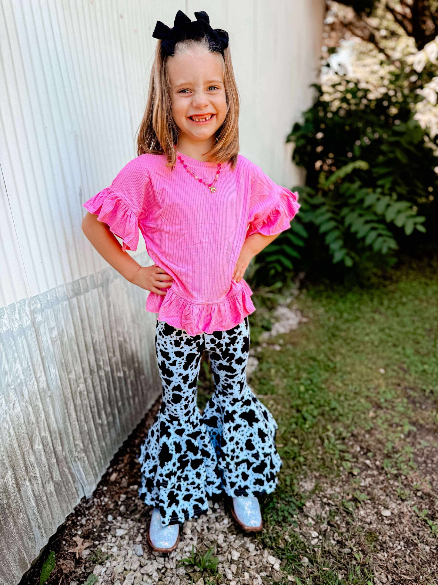 Black Cow Print Double Bell Bottoms