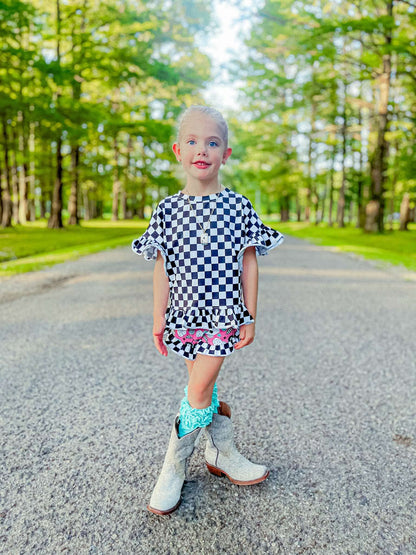 Race Ya checkered ruffle top