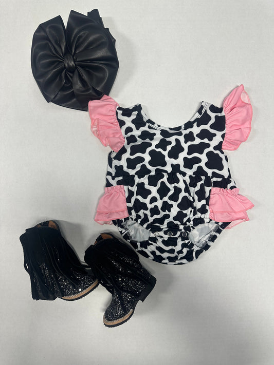 Cow Print With Pink Ruffles Romper